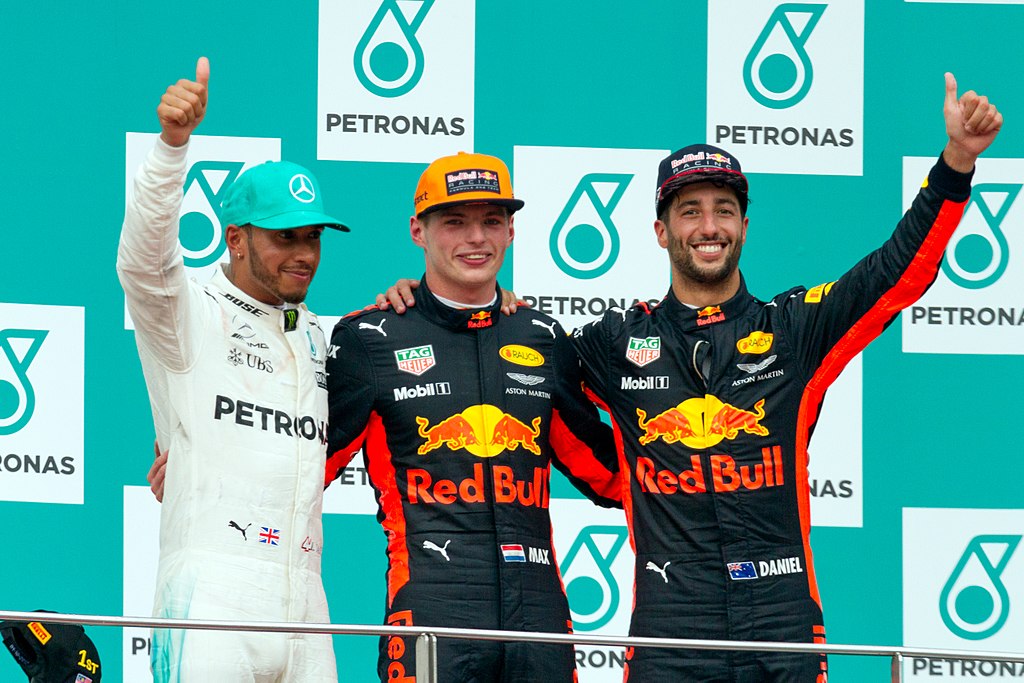 TAG Heuer logo on Red Bull Racing suits of Max Verstappen and Daniel Ricciardo